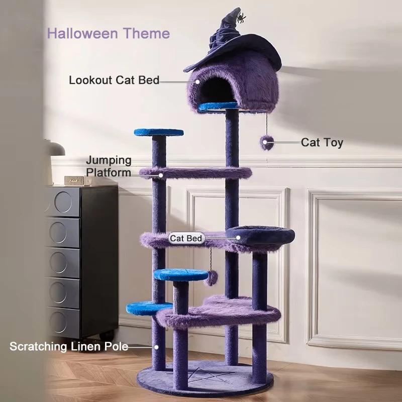 New Arrivals Halloween Style Troublemaker Magic Meow Witch Indoor Space Saving Stair Cat Climbing Rack For Small Apartment