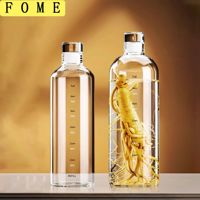 FOME Glass Sport Water Bottle With Time Scale Wine storage bottle Outdoor Water Bottle For Coffee Tea Milk Juice 500/750/1000ml