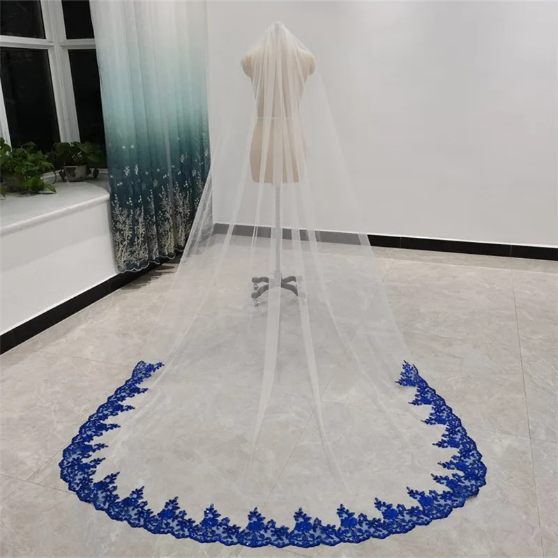 Velo de novia de lentejuelas azules largas con borde de encaje, velo de novia con peine, accesorios de boda, Mantilla de novia, velo de novia de una capa