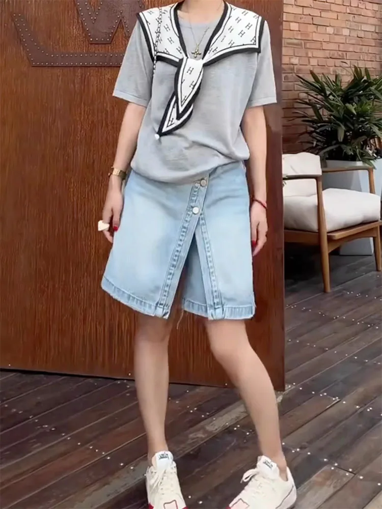 

plus Size Denim Skirt Women's Spring New Style High Waist Slimming Five-Quarter Pants Short Shorts Wide Leg Jeans