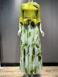 EGRM Pleated A-line Skirts 2 Pieces Set Women Fashion Ruffle Hem Flower Top + Long Folds Skirt Female Trendy Clothing 6GR6242