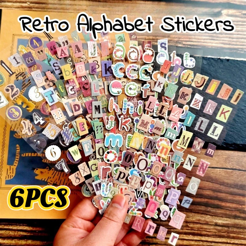 6pcs Retro Alphabet Number Deco Stickers for Scrapbooking Handbook Graffiti Colorful English Letter Stickers Stationery Decal