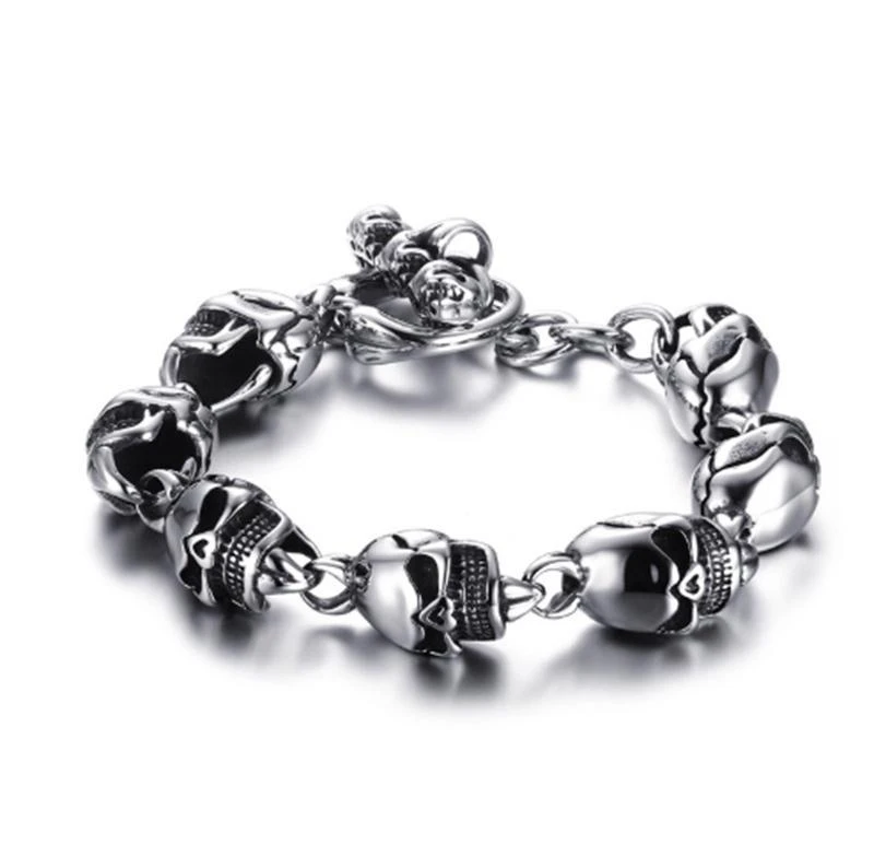 punk stainless steel bracelet Skull Link Bracelet, Gothic Punk Biker Skull Charm Bracelet for Men,Hip Hop Streetwear Accessory G