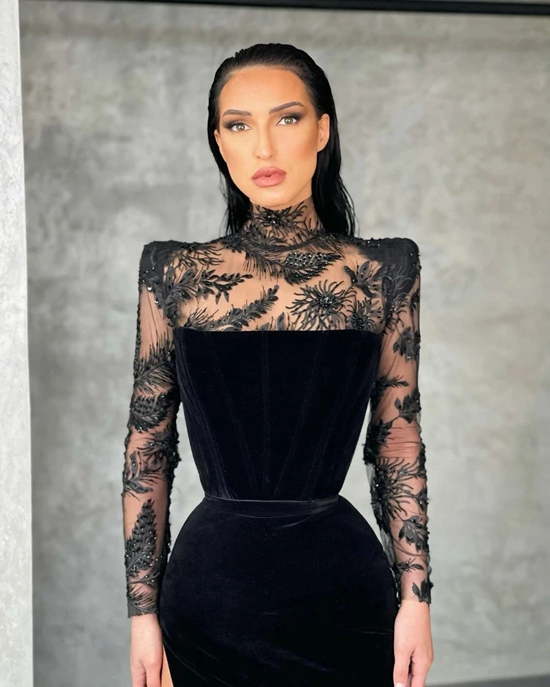 Vestido garfo alto com gola alta para mulheres, vestido preto assimétrico vintage, vestido de noite elegante, nova moda, 2023