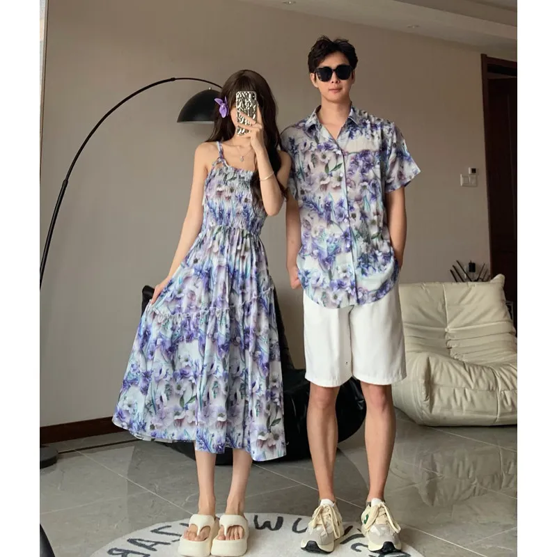 Couple Vacation Family Brother Sister Outfits Mom Daughter Floral Smock Dresses Dad Son Beach Shirts Korean Parent-child Clothes