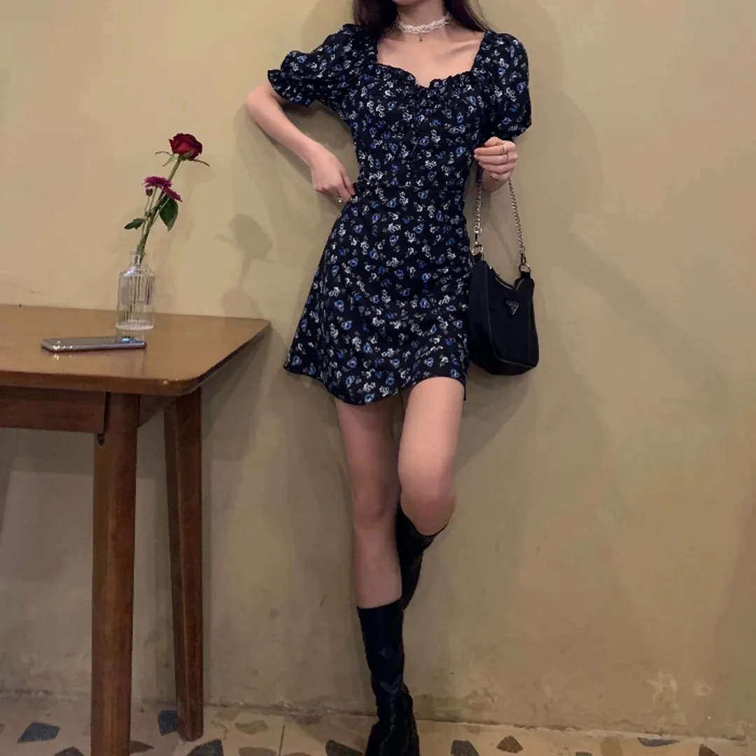 KPOP Women\'s Dress 2022 Summer New Sweet Broken Flower Mini Dresses Puff Sleeve Square Neck Dress Korean Style Girlish Sundress