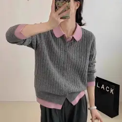 Fake Two Sweaters Knitted Sweater Spring and Autumn Korean Version POLO Collar Slim Fit Western-style Women's Cardigan Top