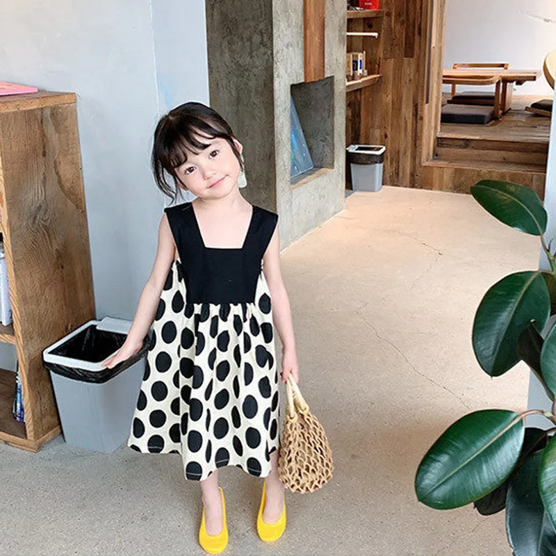 Children's Polka Dot Color-Block Backless Princess Dress New Summer Fashion Outfit for Girls