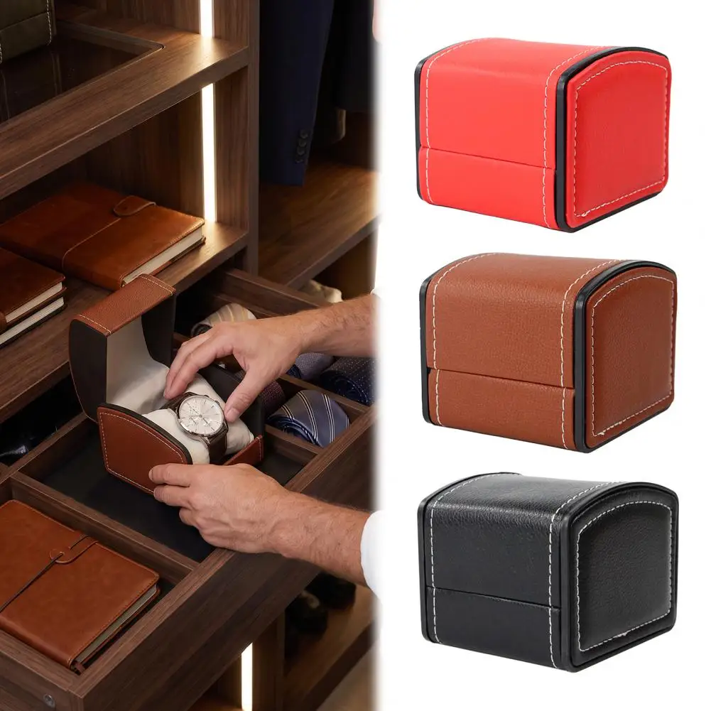 Portable Single Watch Travel Case PU Leather Curved Flip Lid Soft Interior Waterproof Watch Holder Storage Box