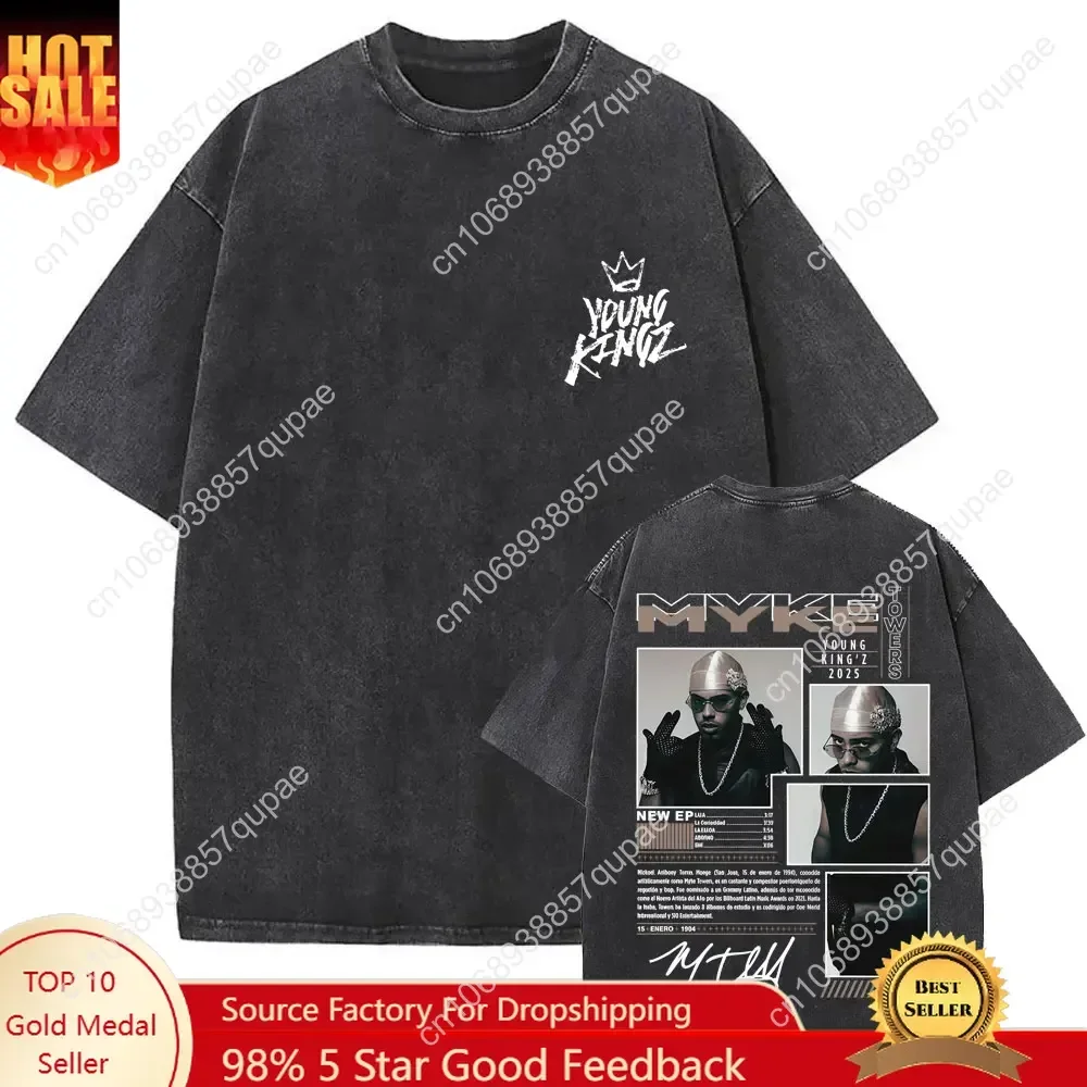 

Vintage Washed Rapper Myke Towers Young Kingz 2025 T-shirt Men Women Casual Cotton T Shirts Fashion Hip Hop Oversized T-shirts