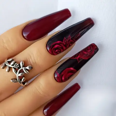 24 Pcs Beautiful Ballet Fake Nails with Sticky Tabs Burgundy Rose Autumn Winter Coffin Press on Nails Holiday Fashion False Nail