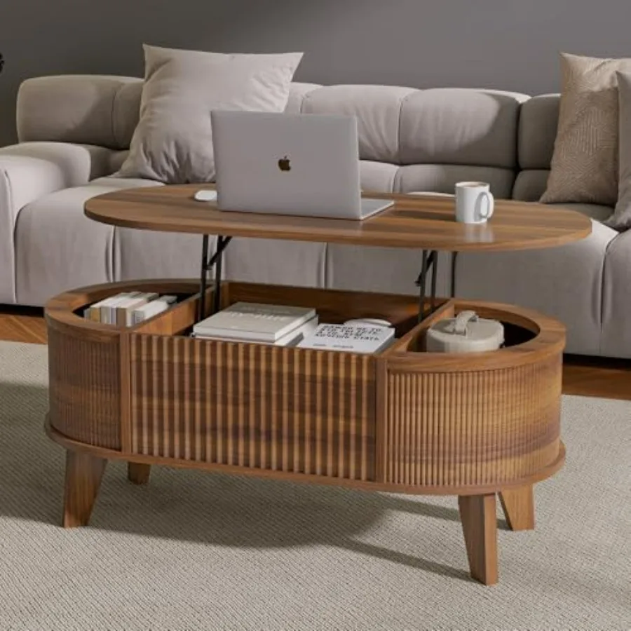 

Fluted Lift Top Coffee Table with Storage Modern Oval Coffee Table for Living Room or Home Office in Walnut Color with Hidden S
