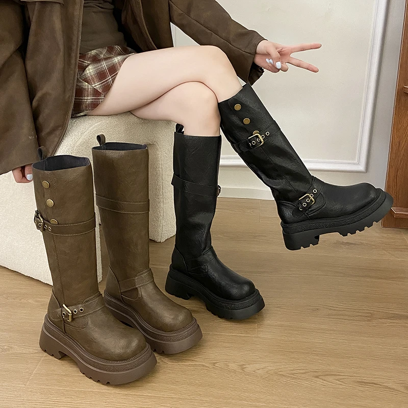 

Винтажная женская обувь на среднем каблуке с круглым носком, зимние женские высокие сапоги на платформе, модные универсальные длинные сапоги с пряжкой на ремне