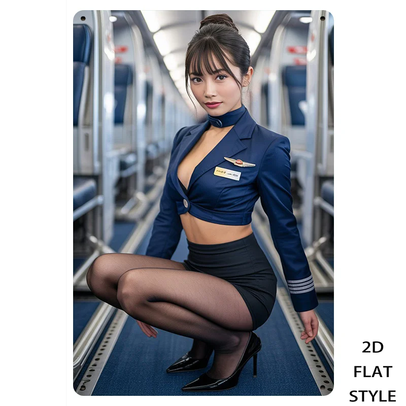 Vintage Flight Attendant Metal Sign Retro Pin Up Girl Tin Wall Art for Home Office Man Cave Bar Gift