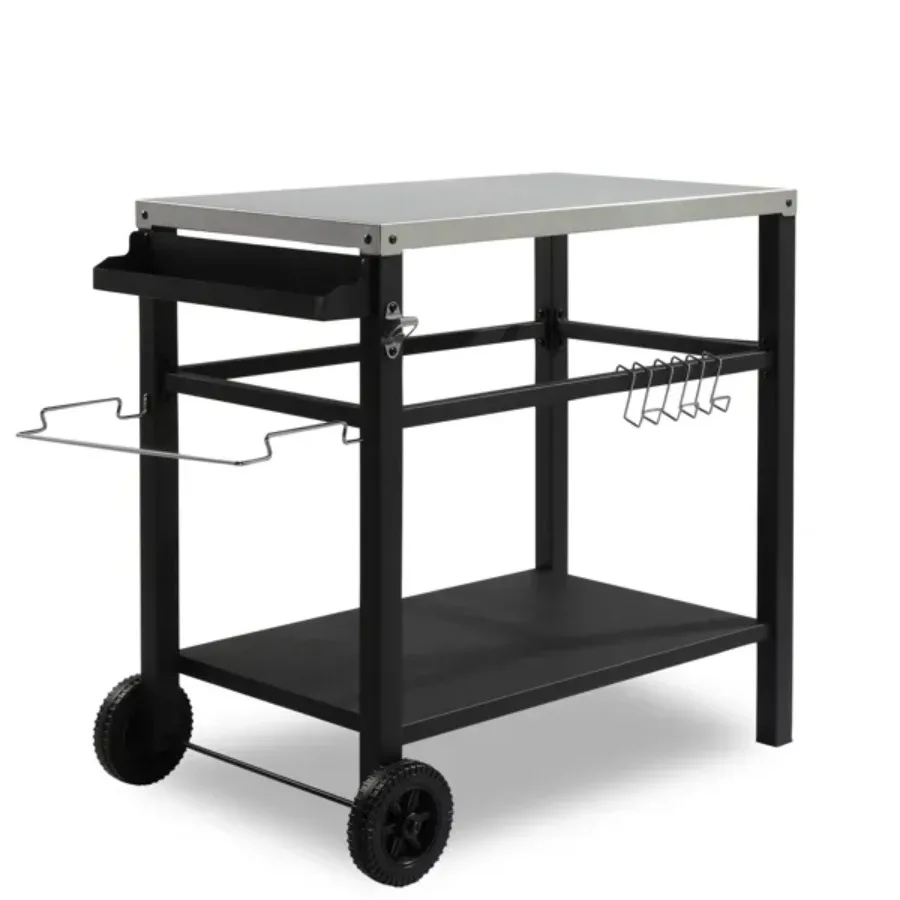 

Stainless Steel Flattop Grill Cart Movable BBQ Trolley Food Prep Cart Multifunctional Worktable Island with Two Wheels Hooks