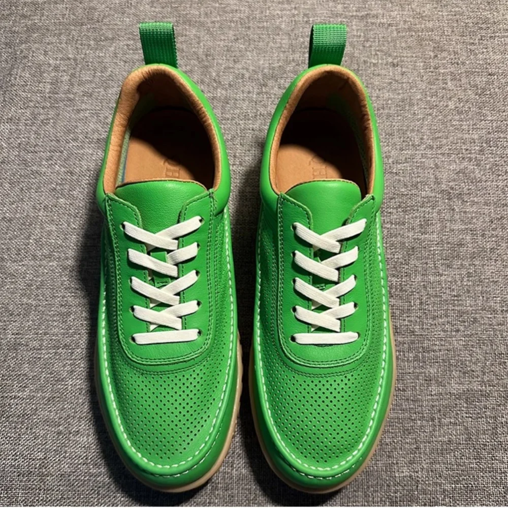 QHCCID Green Fashion Men Casual Sneakers Cow Leather Casual Shoes Breathable Comfortable Vintage Sneakers Shoes for Men