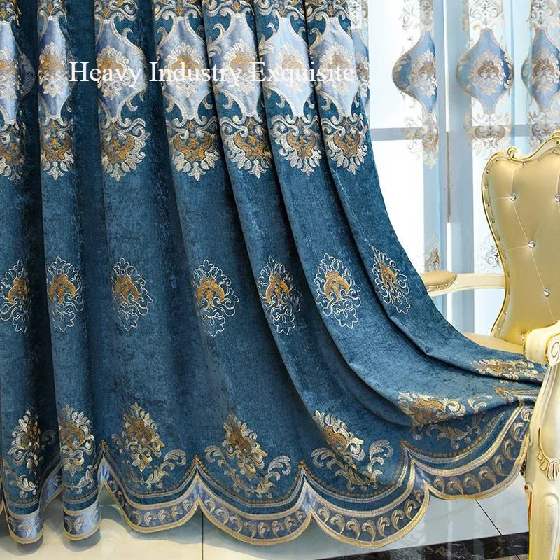 High end luxury palace deep blue steady thick shading Chenier heavy embroidery fabric curtain head curtain simple Europe curtain