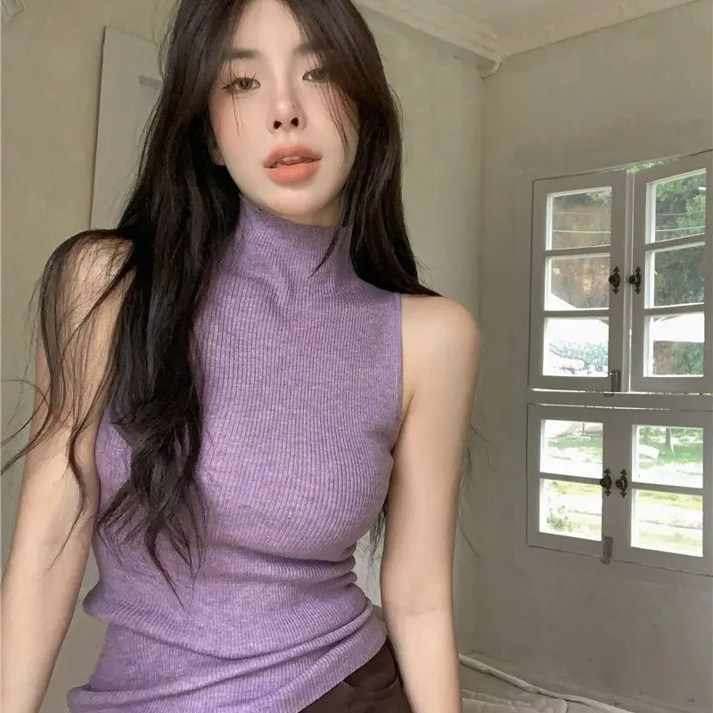 Halfhoge kraag tanktops Dames 4 kleuren Retro Comfortabel Sexy Dames Zomer Clubwear Effen All-match High Street Mouwloos