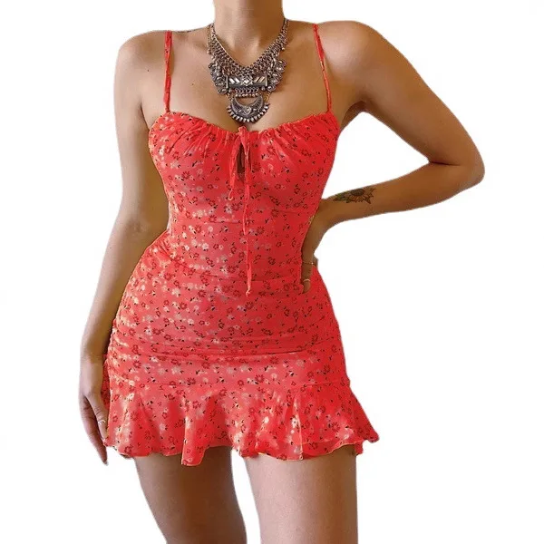 Sexy bloemen cami-uitgesneden jurk spaghettibandjes holle voorkant jurk boho strand a-lijn jurk zomer elegante backless jurk