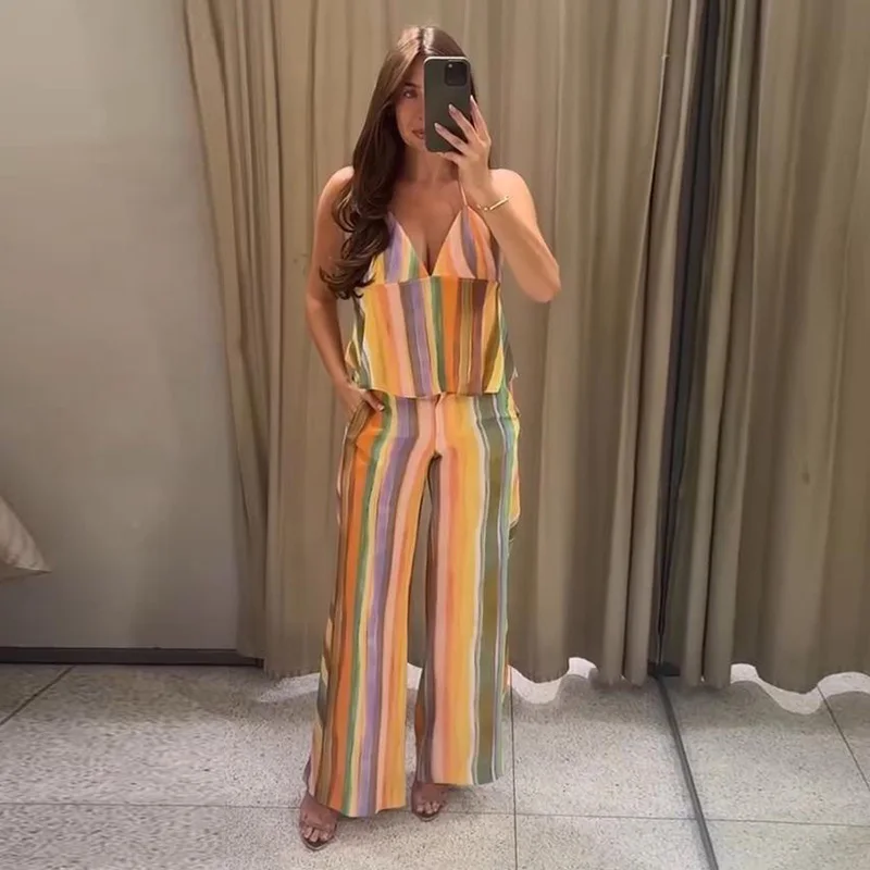 Gestreifte V-Ausschnitt Rückenfreie Crop-Tops und Hosen-Sets für Damen, Sexy Ärmelloses Schnür-Top, Midi-Taille, Weite Hosen, Schicke Damen-Outfits – Detail 11