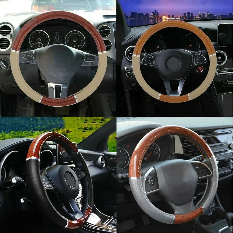 Pokrowiec na kierownicę z drewna do tuningu samochodów SUV Lux Grip PU Leather Uniwersalne części do wnętrz w stylu vintage Akcesoria samochodowe
