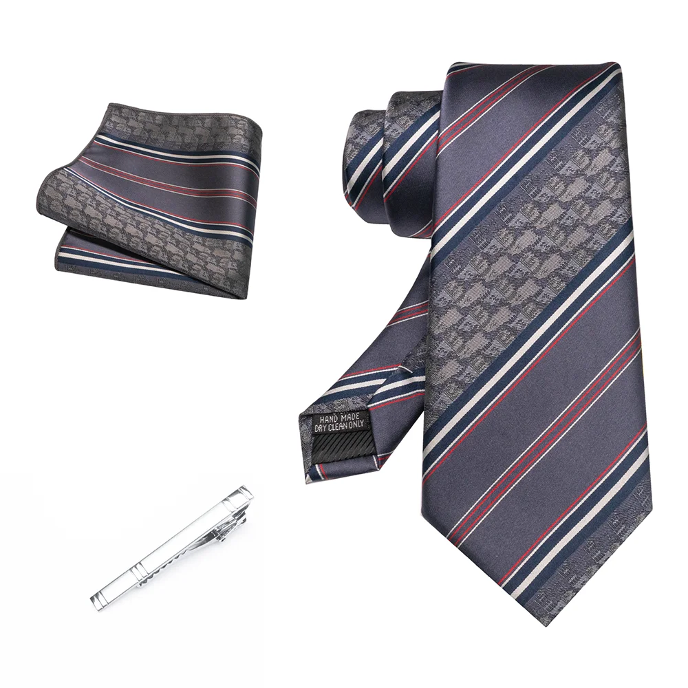 Herren Marineblau Krawatte Rot-Grün Gestreiftes Krawattenset Glänzender Clip Hochwertiges Einstecktuch für Business-Anzüge Anlässe Hochzeit Party – Detail 34