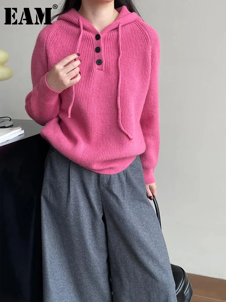 [EAM] Rose pink Big Size Casual Knitting Sweater Hooded Long Sleeve Women Pullovers New Fashion Tide Spring Autumn 2024 1DH8620