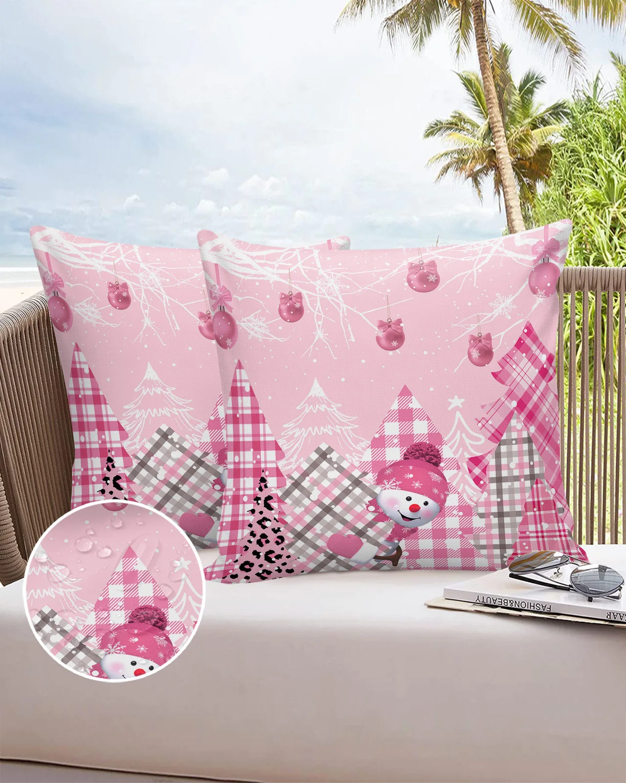 Christmas Winter Pink Tree Snowman Ball Branch 2/4PCS Outdoor Garden Waterproof Cushion Cover Home Decor 45/50/60cm Pillow Case