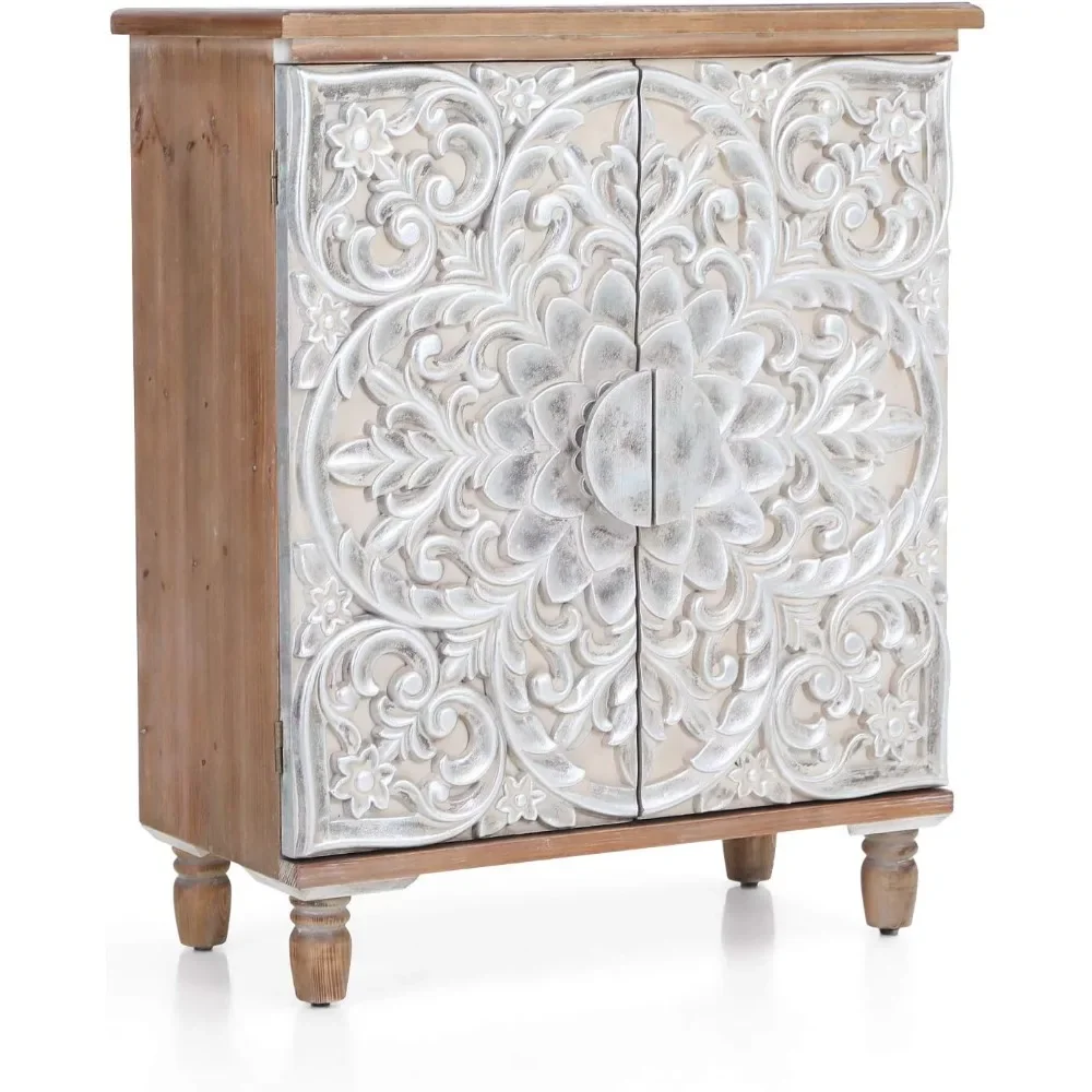 

Accent Cabinet with Doors, Distressed Decorative Storage Cabinet with Wood Frame and Silver Embossed Pattern