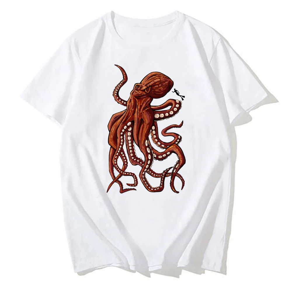 Retro white T-shirt Men Elegant Octopus diving Print T Shirt Steampunk Tops Tees Personalized Short Sleeve TShirt Clothing