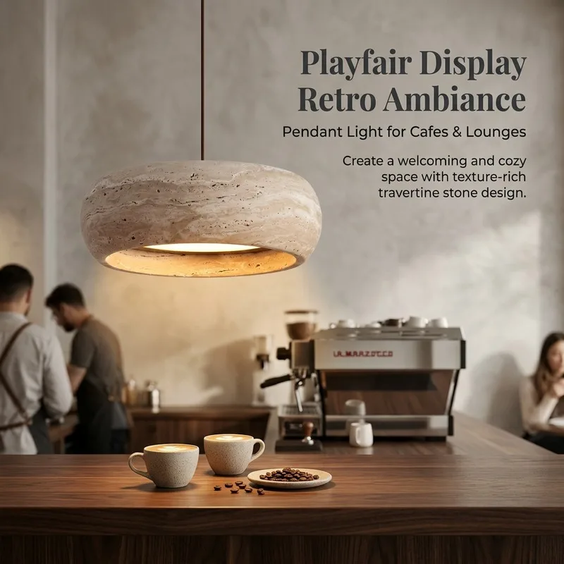 Wabi Sabi Natural Travertine Ring Pendant Light LED Circular Stone Hanging Lamp Dining Room Kitchen Island Living Room Decor
