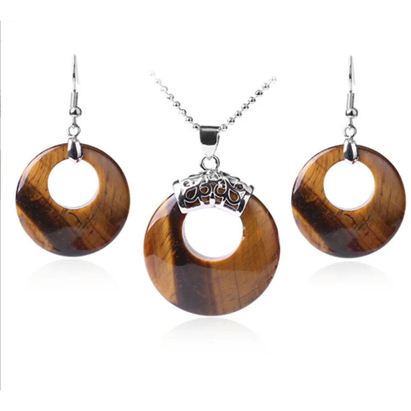 

28x28MM Natural Tiger's Eye Hollow Round Ring Pendant Nelace Earrings Set