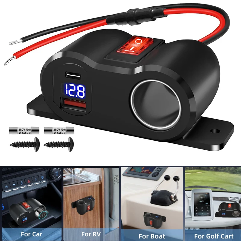 12V Car Charger Power Adapter QC3.0 &PD3.0 Outlet Cigarette Lighter Socket Splitter with LED Voltmeter for RV Marine Boat