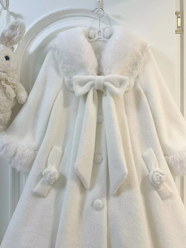 Japanese Sweet Cute Lolita Wool Coat for Women Winter New White Loose Mid-Length Plush Coat Coat Women Winter Jacket