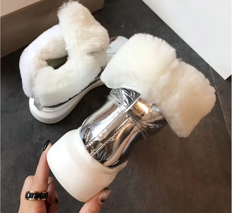 Silver Bling Wool Fur Lace -Up Snow Boots Round Toe Thick Sole Winter Fur Booties Patent Leather Women Fur Shoes