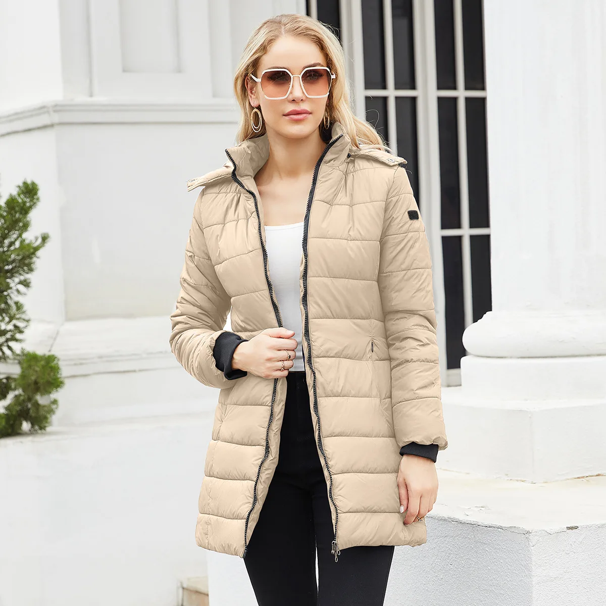 Spring Autumn and Winter Pure Color Warm Waterproof Detachable Hat Long Sleeved Cotton Jacket Coat for Women