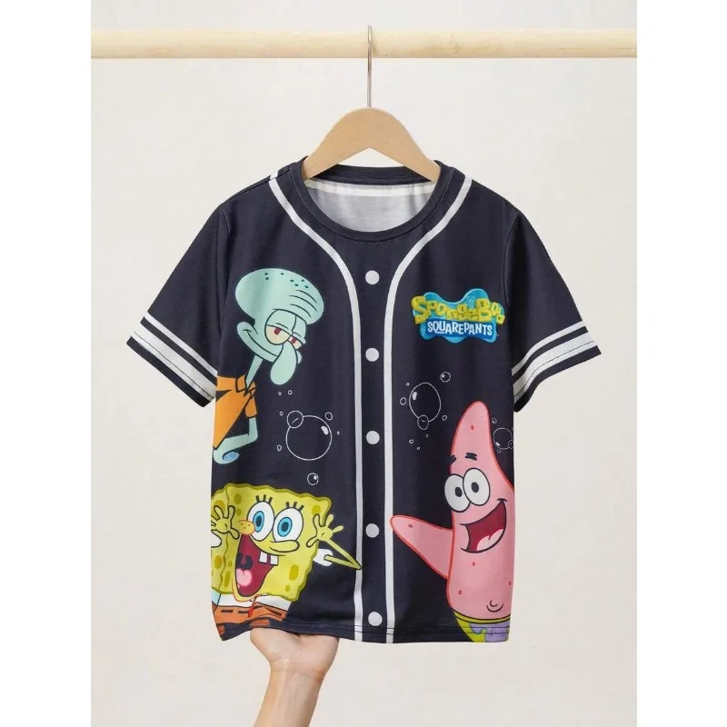 Summer SpongeBob SquarePants Navy Blue T-shirt with Big Star Octopus Brother Print Casual Short Sleeved Shirt