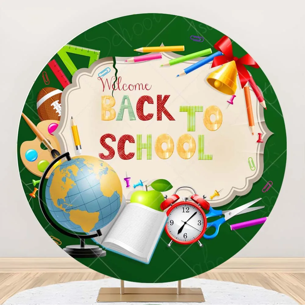 Round Photography Backdrop Custom Blackboard Pencil Book Teacher Students First Day Back To School Party Decoration Background