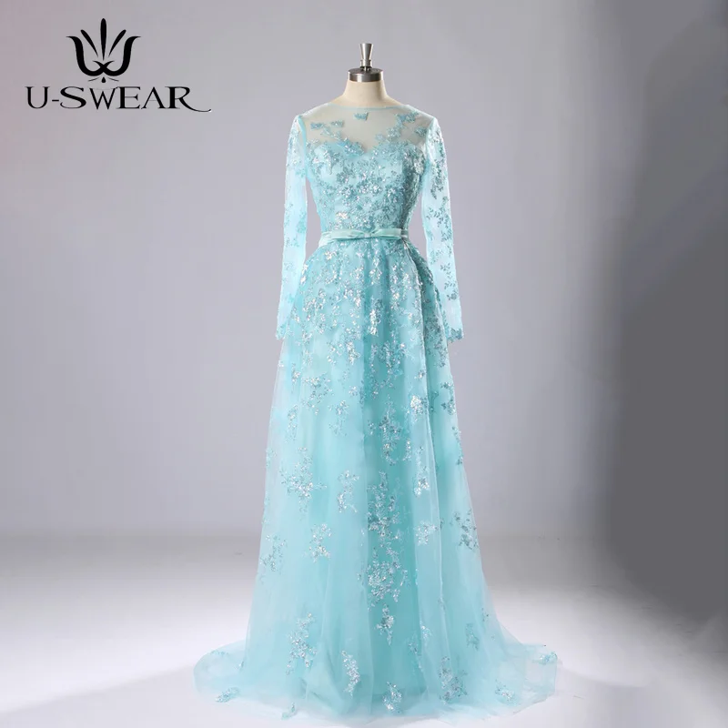 

Classic Light Blue Evening Dresses Scoop Long Sleeves Prom Dresses Lace Appliques Tulle Women Long Evening Gown Robe De Soiree