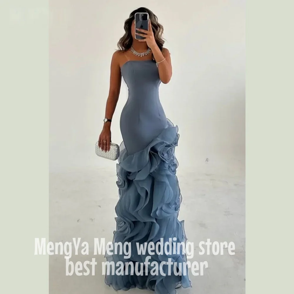 

Strapless 2025 Prom Dresses Mermaid Sleeveless Blue Evening Dresses Pleated Floor Length Formal Occasion Party Dresses Ball Gown