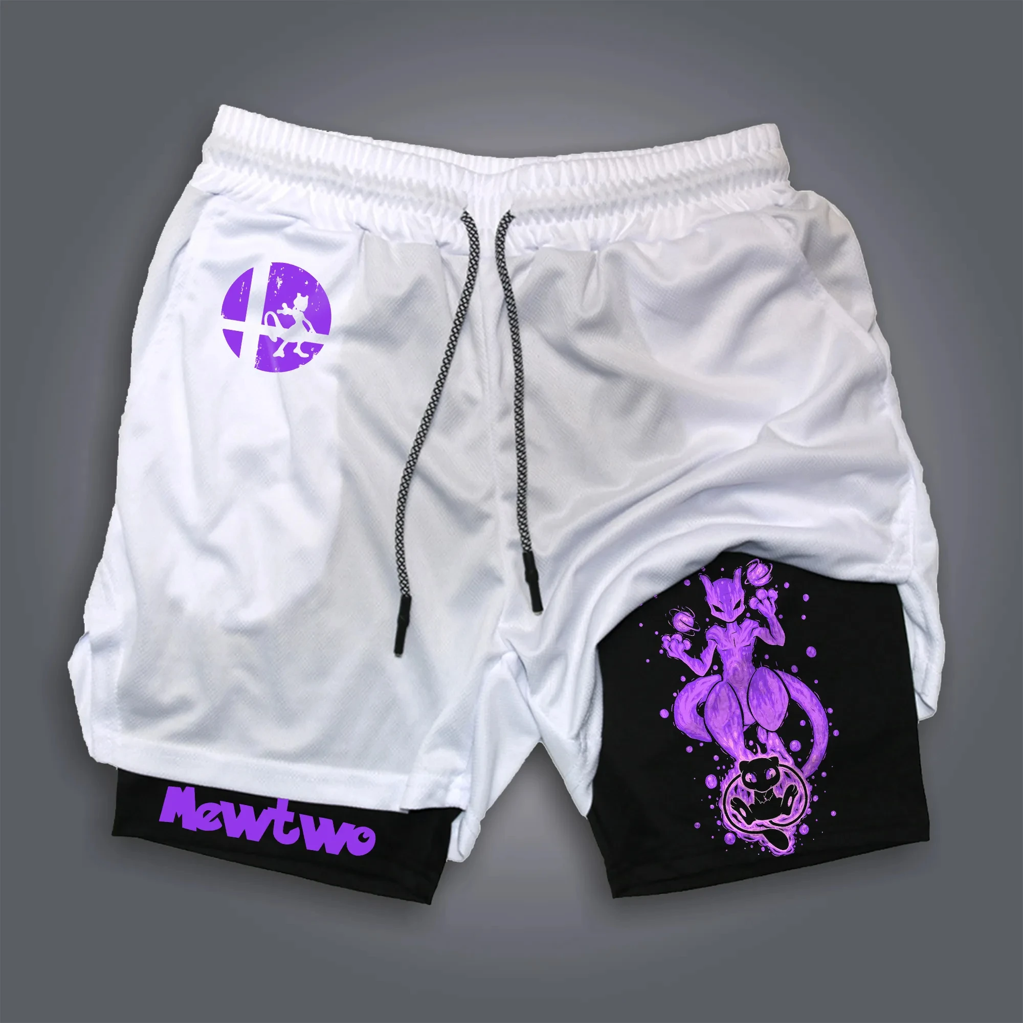 pokemon-mewtwo-shorts-masculino-algodao-calcas-esportivas-2025-verao-grafico-bottoms-base-branca-roxo-circulo-logotipo-poke-bola-padrao-preto