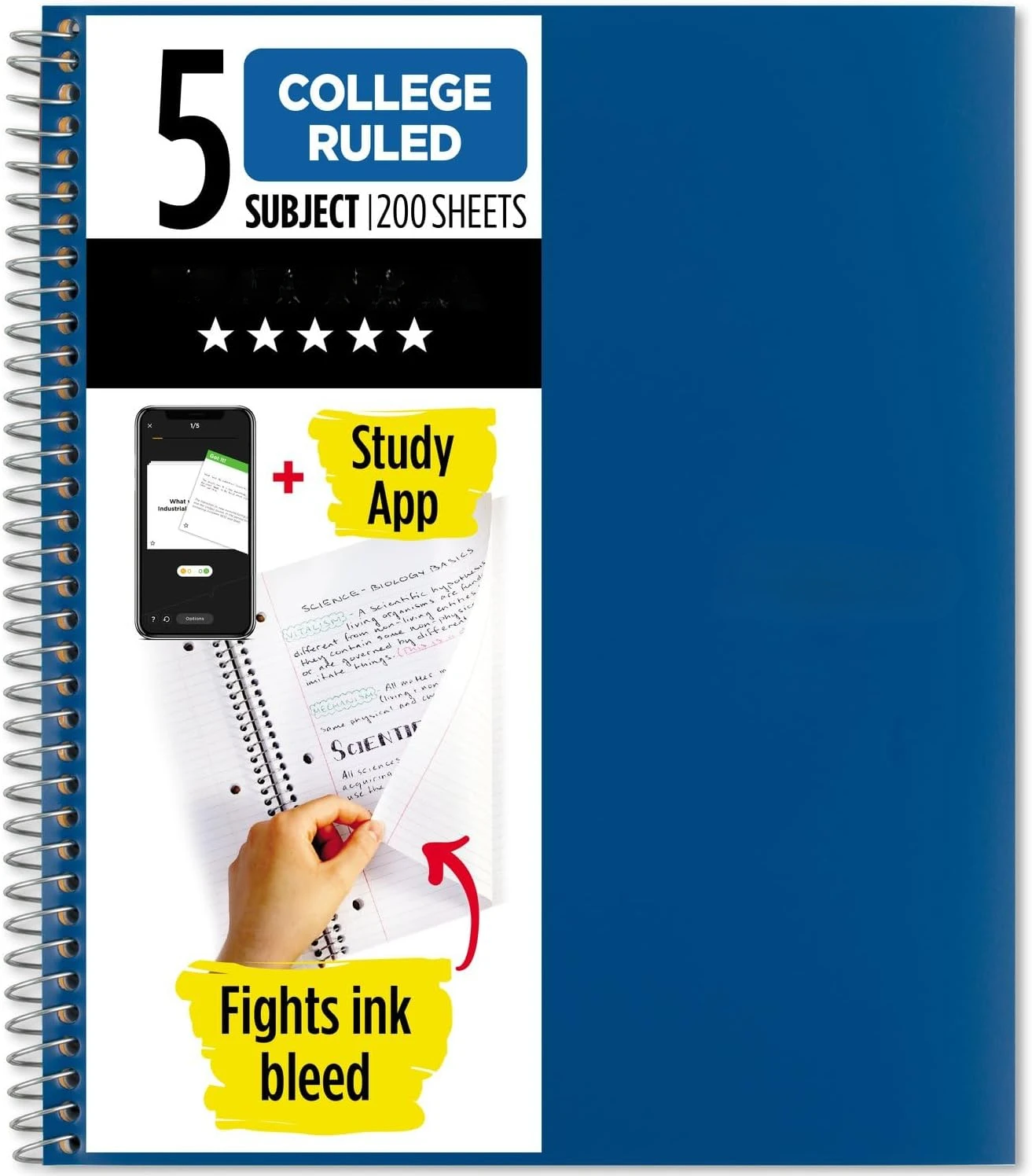 Spiral Notebook + Study App, 5 Subject, College Ruled Paper, Fights Ink Bleed, Water Resistant Cover, 8-1/2