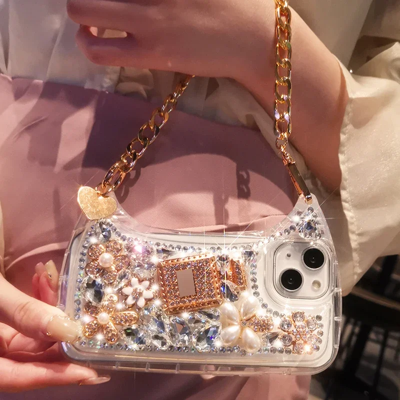 Luxury Colorful Hybrid Bling Diamond Cell Phone Case for Iphone 15 14 11 12 13 XR Girl Handbag Shinning Phone Case with Strap