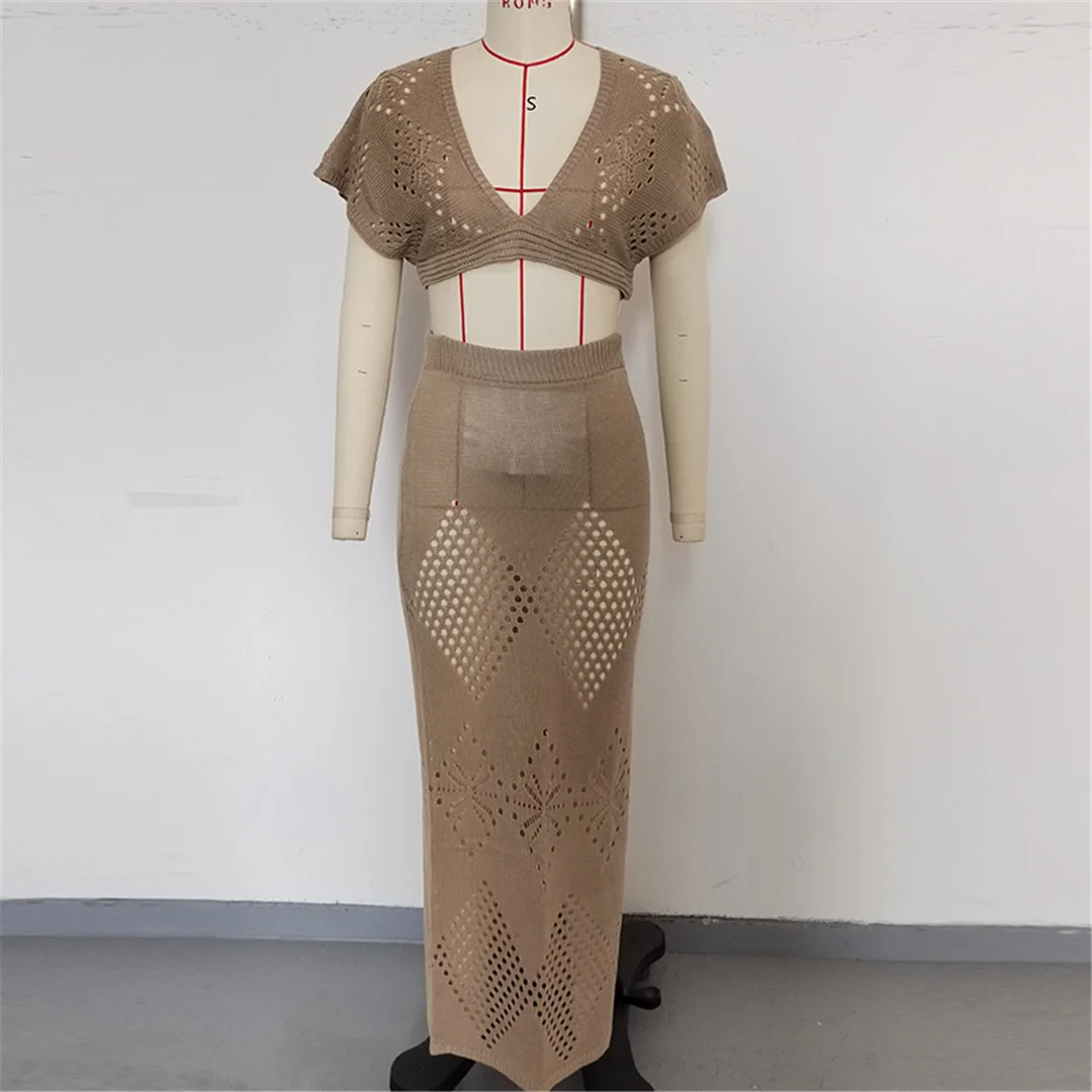 V-Ausschnitt, kurze Ärmel, gehäkeltes Strickmuster, zweiteiliges Set, Strandkleid, Strandmode, Strandbekleidung, Strandüberwurf, Damen, V6703 – Detail 17