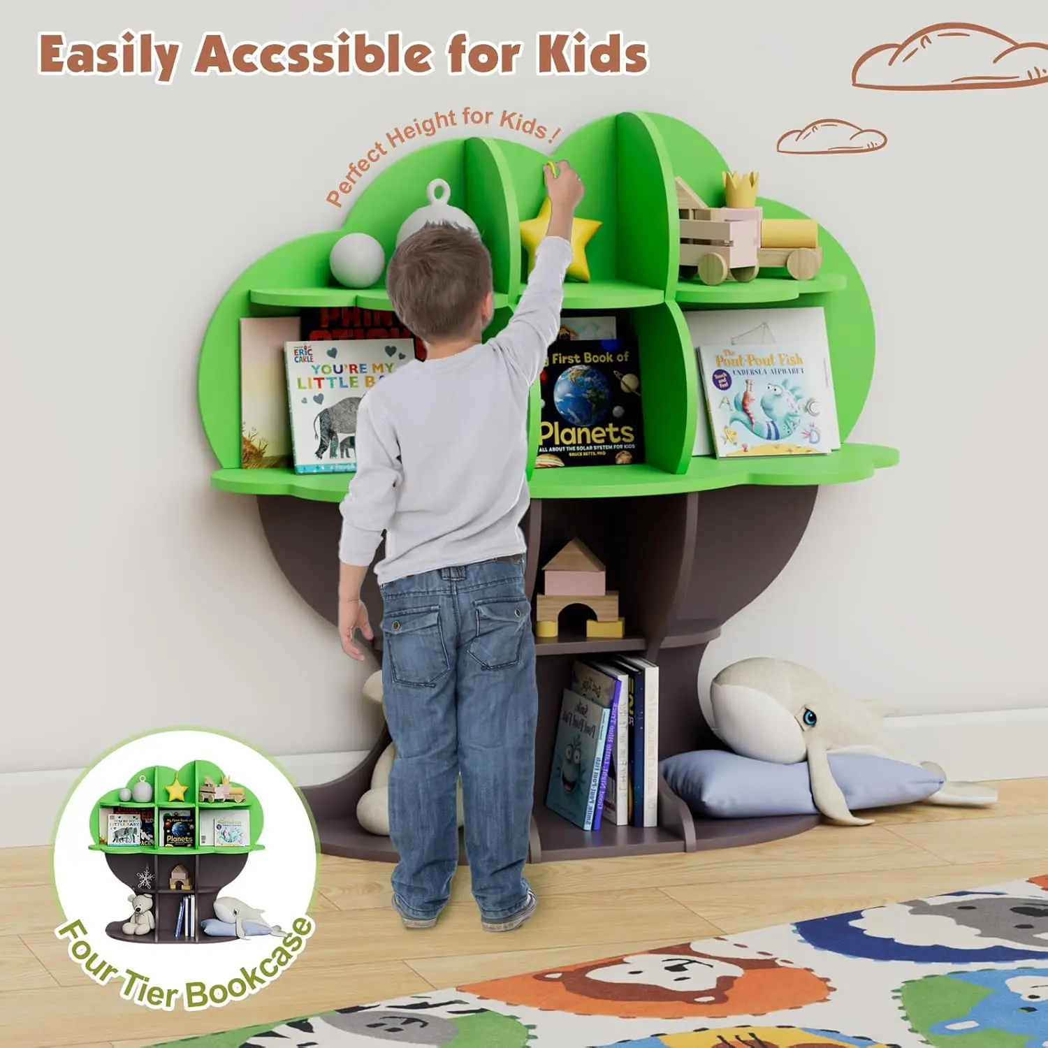 Tree Kids Bookshelf Toddler Bookcase Baby Book Rack Children Toy Storage Organizer Forest Wood Display Shelf for Nursery