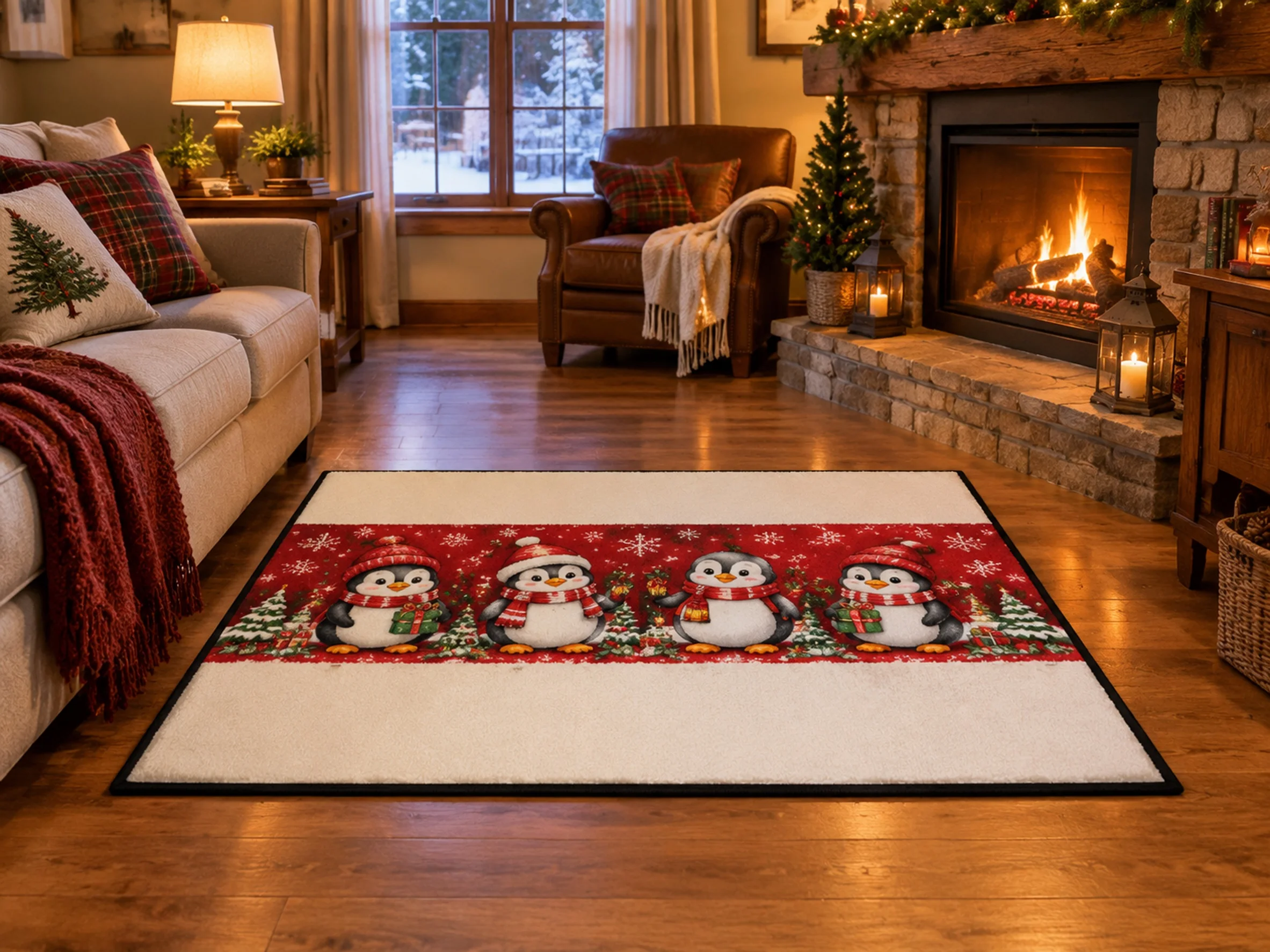 VIKAMA Christmas Red White Penguin Flannel Door Mat, Anti-Slip Washable Xmas Rug, Xmas Decor for Mudroom, Farmhouse, Entryway