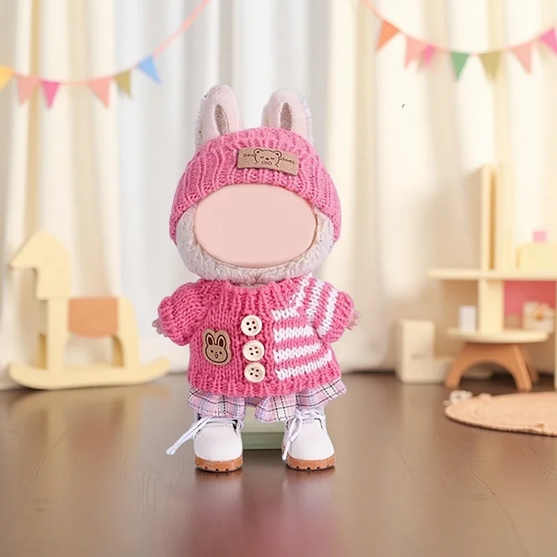 مجموعة واحدة من مجموعات الملابس الوردية مناسبة لـ Labubu (وشاح الرأس + سترة + نمط مجموعة التنورة، باستثناء الدمى) دمية ذاتية الصنع