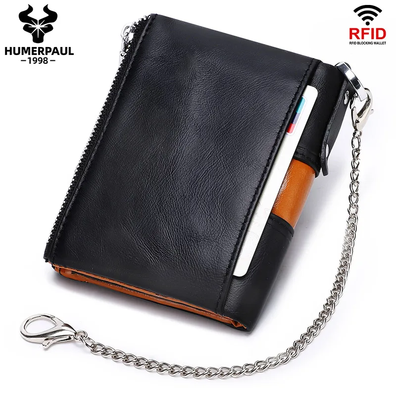 HUMERPAUL 100%Genuine Leather RFID Wallet For Men Original Senior Luxury Card Holder With Durable Zipper Coin Purse Anti-theft