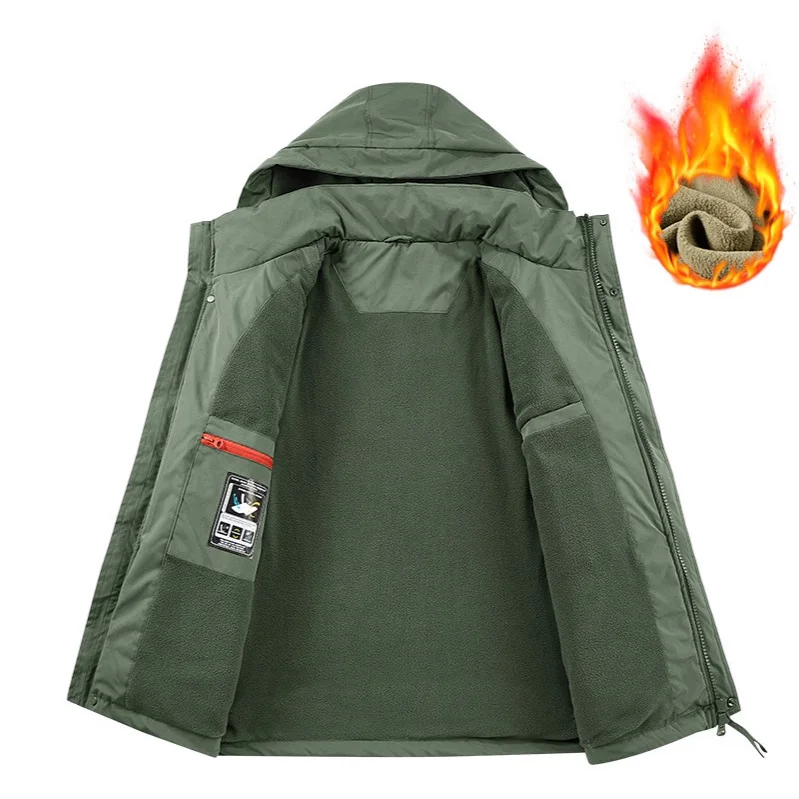 Man Cargo Jacket Winter New Thicken Warm Windproof Long Sleeve Male Hooded Coat Simple Solid Color Loose Casual Men Outerwear