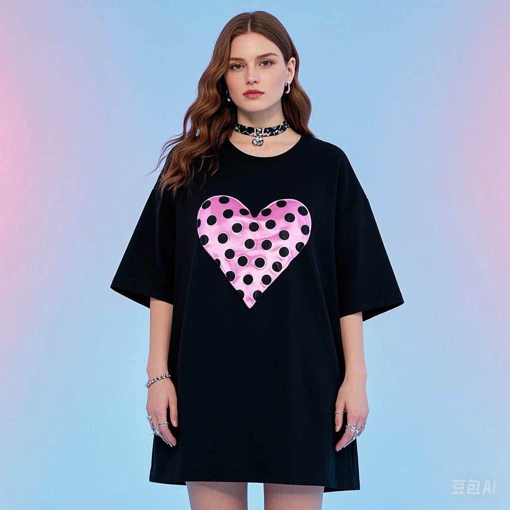 

Plus Sized Heart-Shaped Print Cotton T Shirt Women Fashion Holiday Casual Simplicity Ladies Vintag Summer Plus Sized Tees